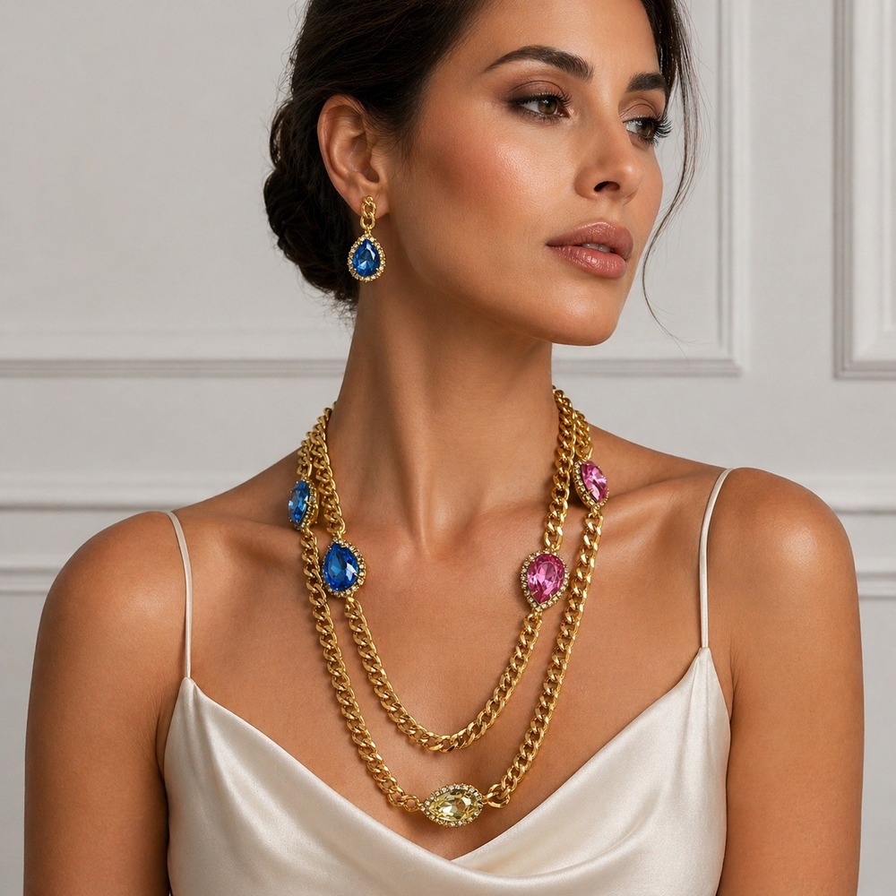 Gold Tone Multi Color Teardrop Crystal Chunky Curb Chain Statement Necklace Long
